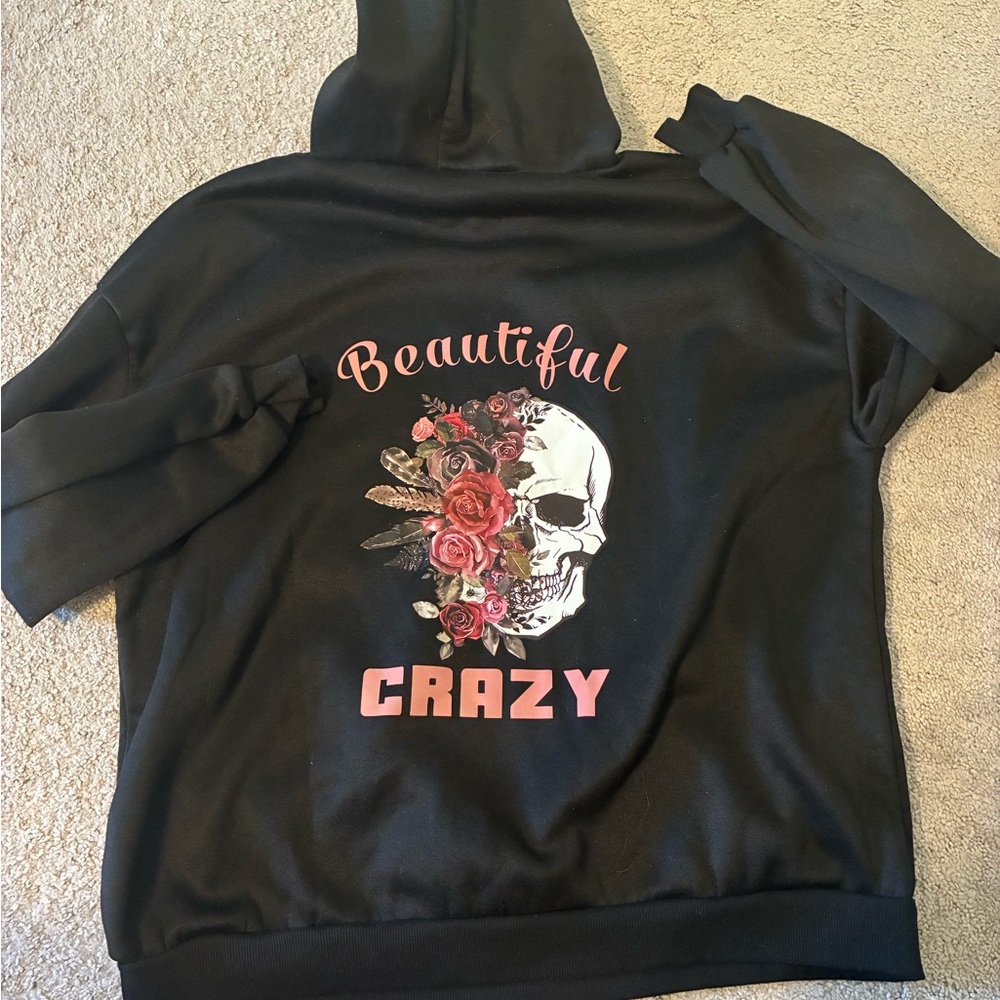 Brand New Black Hoodie with Skull and Rose Design, Beautiful Crazy, 3x plus size